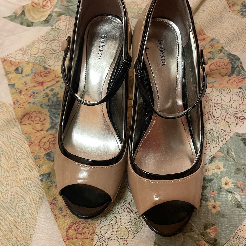 Nude and Black Peep-Toe Mary Jane Heels
